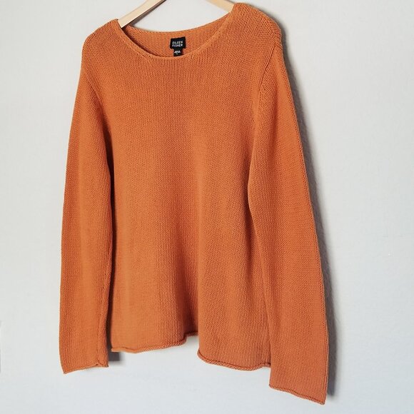 Eileen Fisher 100% Cotton Knit Round Neck Pullover Sweater Size L Coastal Orange - Picture 2 of 13